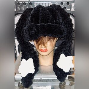 Handmade Black Super Thick Knit Rill Up Beanie w/ Bunny Ears Women's Hat